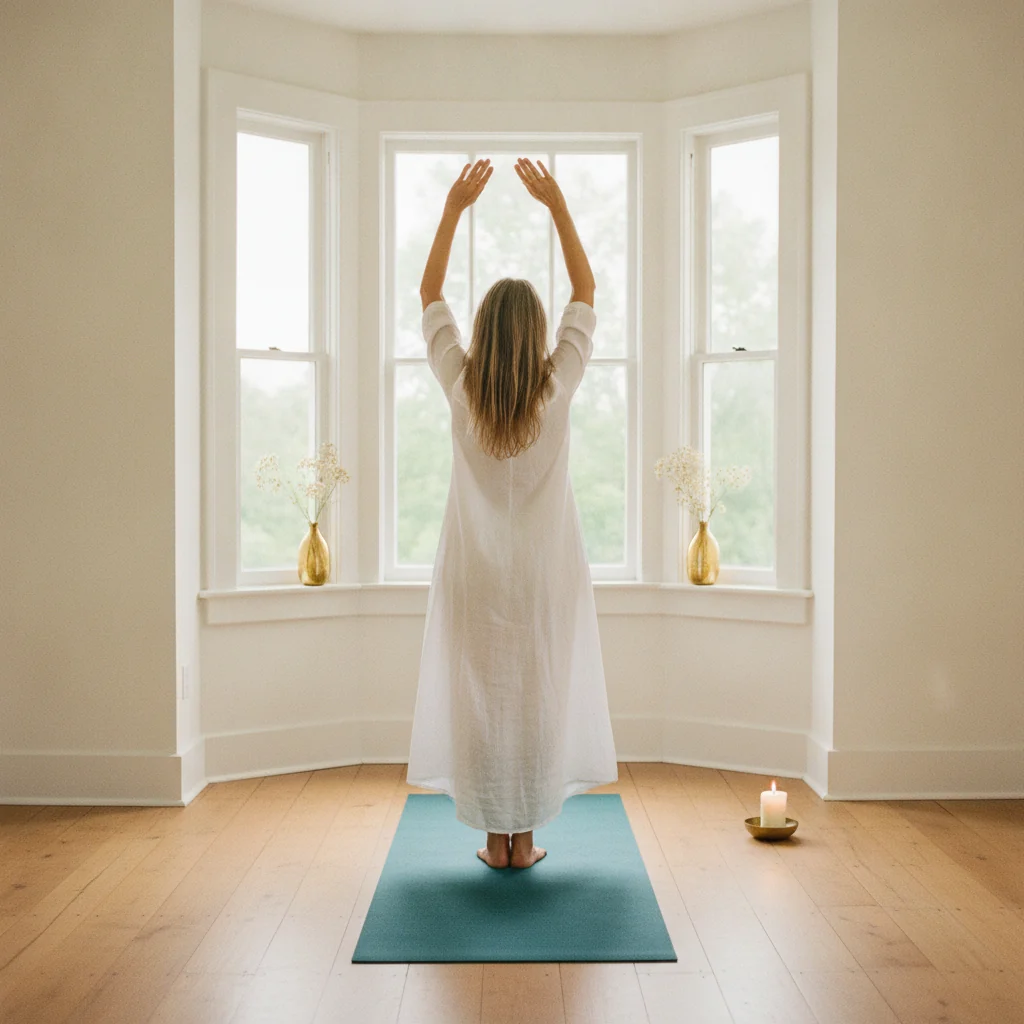 A woman on a teal mat raises both arms in a gentle stretch at a sunlit bay window