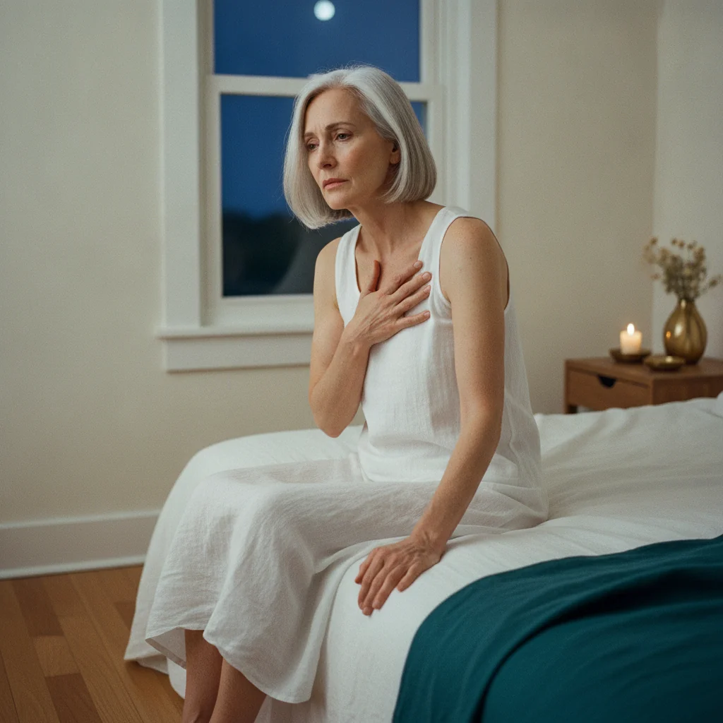 A woman with a silver bob sits on the edge of her bed at night, one hand on her chest