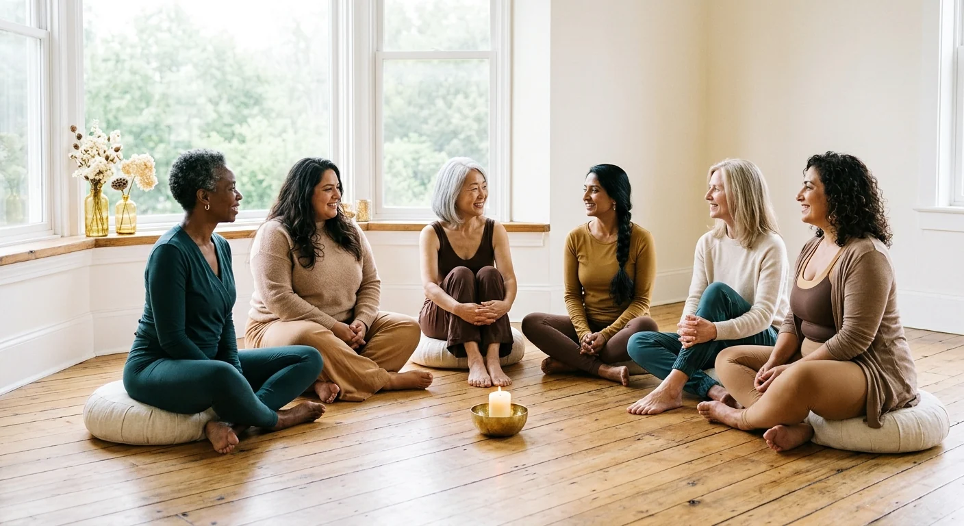 Six women of different ages and backgrounds sit in a circle on floor cushions in a bright room
