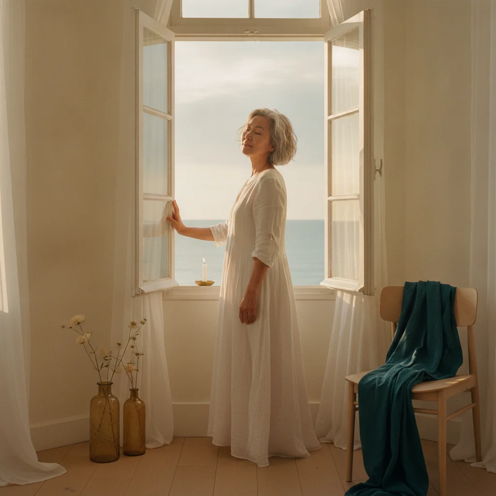 A woman with short grey hair stands at an open window in soft sunrise light, eyes closed
